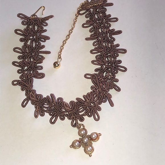Brown Lace Choker Necklace with Faux Pearl Cross Pendant - Picture 2 of 5